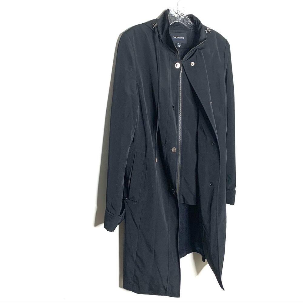 London Fog Women Black Layered Trench Coat with Hood Size Small - Picture 2 of 9